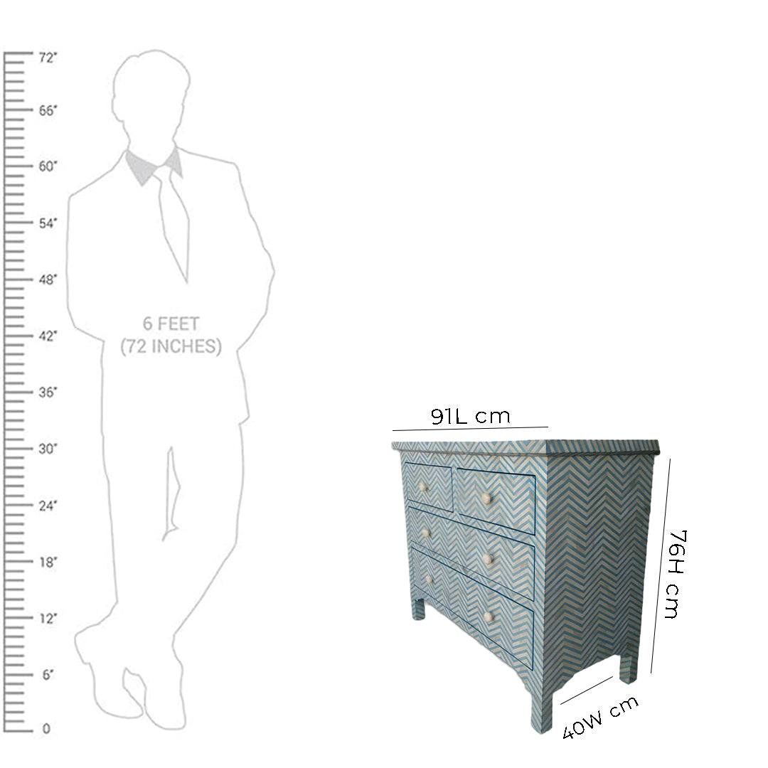 Bone Inlay Chest Of 4 Drawers , Chevron Pattern In Indigo