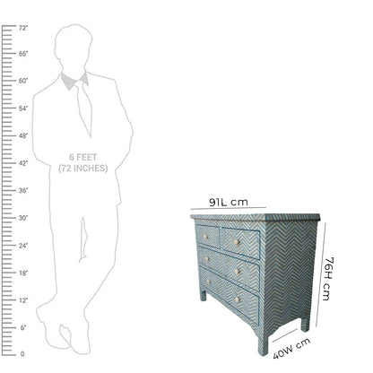 Bone Inlay Chest Of 4 Drawers , Chevron Pattern In Indigo