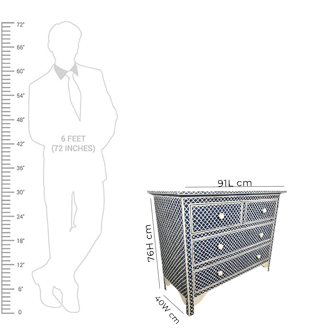 Bone Inlay Chest Of 4 Drawers , Fish Scale Pattern In Indigo