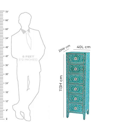 Bone Inlay Chest Of 6 Drawers Tall Boy In Teal Green Color