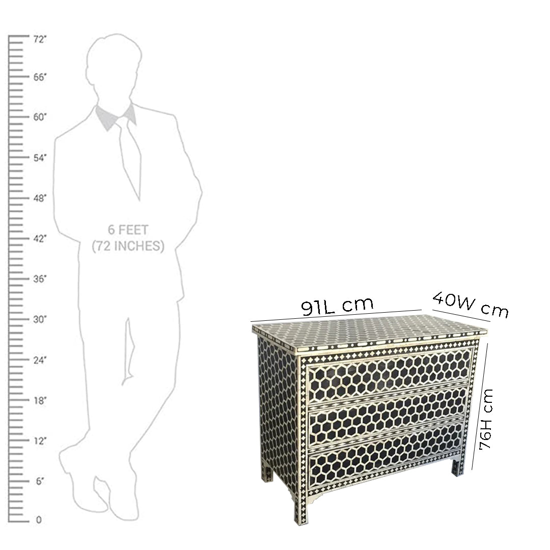 Bone Inlay Chest Of 3 Drawers, Honeycomb Pattern In Black