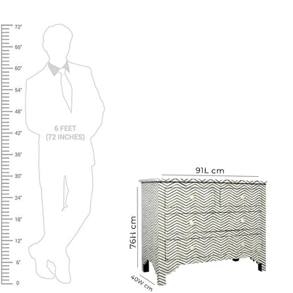 Black Bone Inlay Chest of Drawers – 4-Drawer Handmade Dresser | Chevron Pattern Storage Cabinet