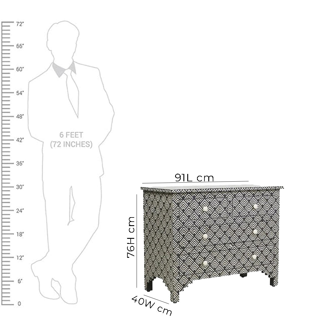 Bone Inlay Chest Of 4 Drawers , Optical Pattern In Black