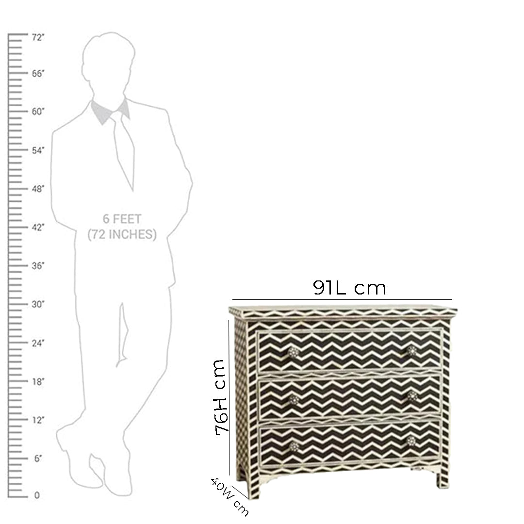 Bone Inlay Chest Of 3 Drawers, Chevron Pattern In White