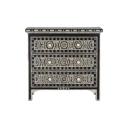 Bone Inlay Chest Of 3 Drawers, Geometric Pattern In Black