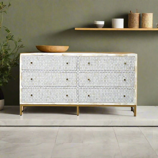 Bone Inlay Geometric pattren Chest Of 6 Drawers In Grey