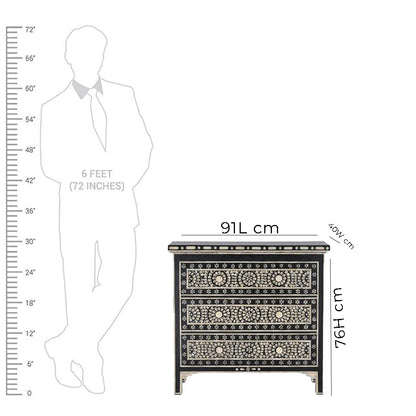 Bone Inlay Chest Of 3 Drawers, Geometric Pattern In Black