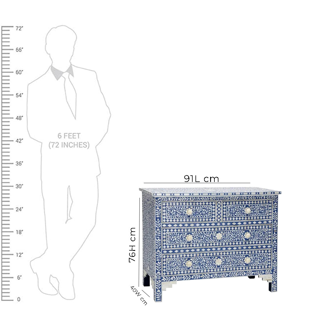 Bone Inlay Chest of 4 drawers, Floral Pattern In Blue