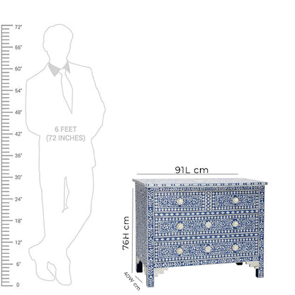 Bone Inlay Chest of 4 drawers, Floral Pattern In Blue