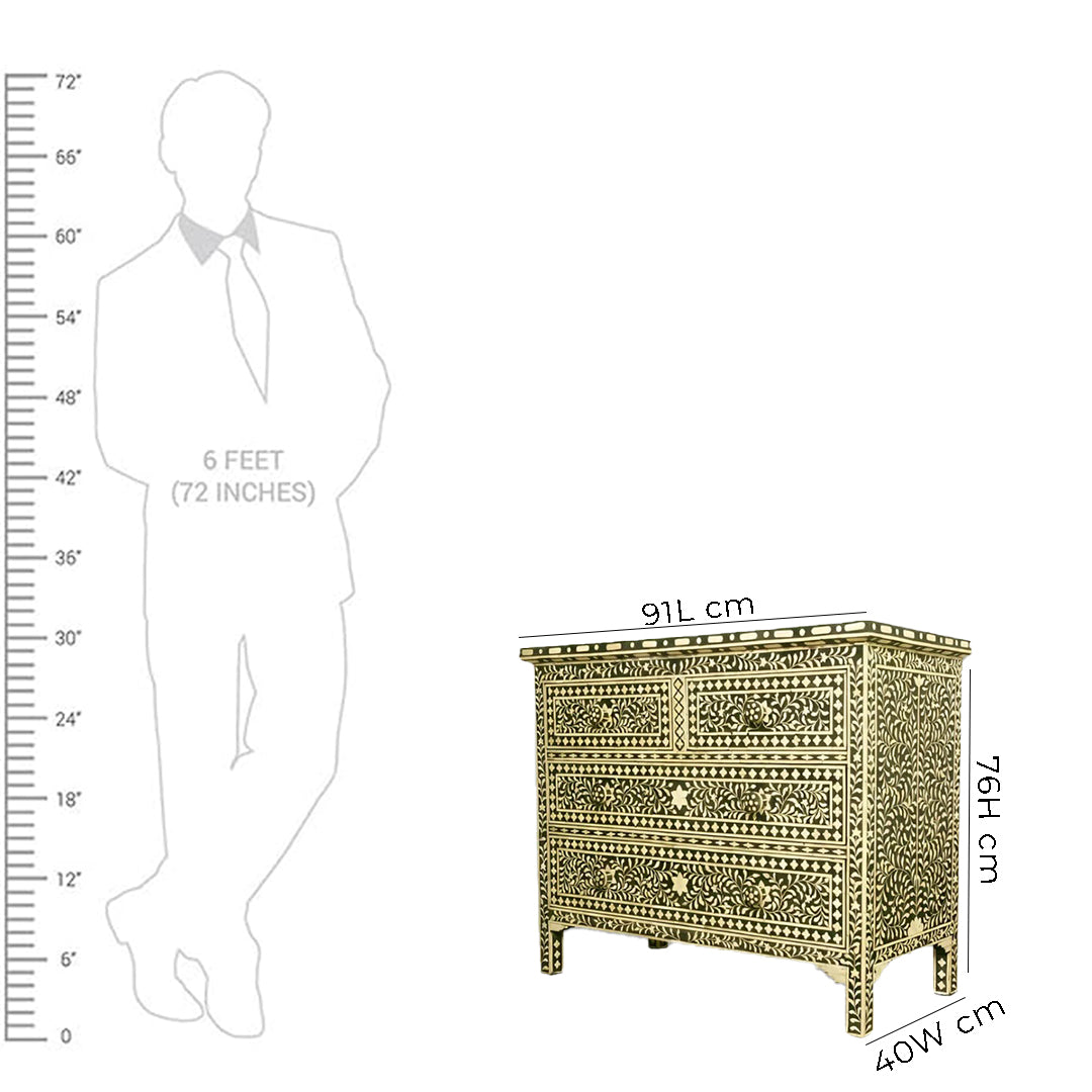 Bone Inlay Chest Of 4 Drawers , Floral Pattern In Black