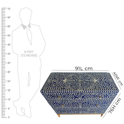 Bone Inlay Chest Of 3 Drawers , Floral Pattern in Indigo