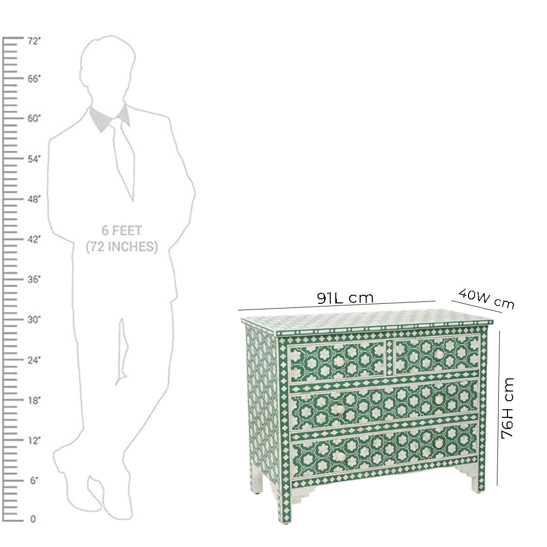 Bone Inlay Chest Of 4 Drawers , Moroccan Pattern In Green
