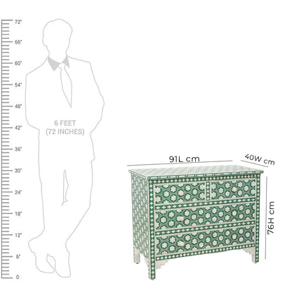 Handcrafted Bone Inlay 4-Drawer Chest – Moroccan Pattern in Green