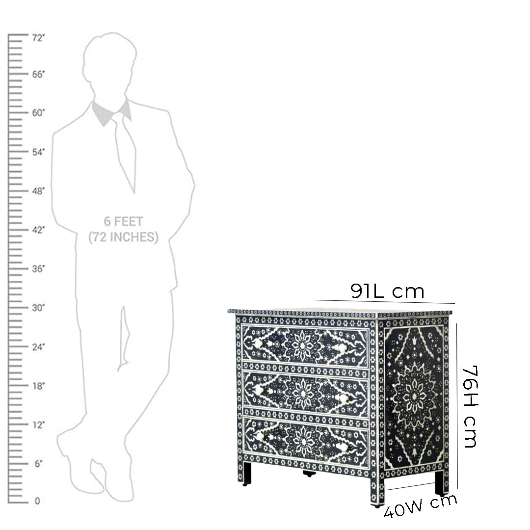 Bone Inlay Chest Of 3 Drawers , Floral Pattern In Black