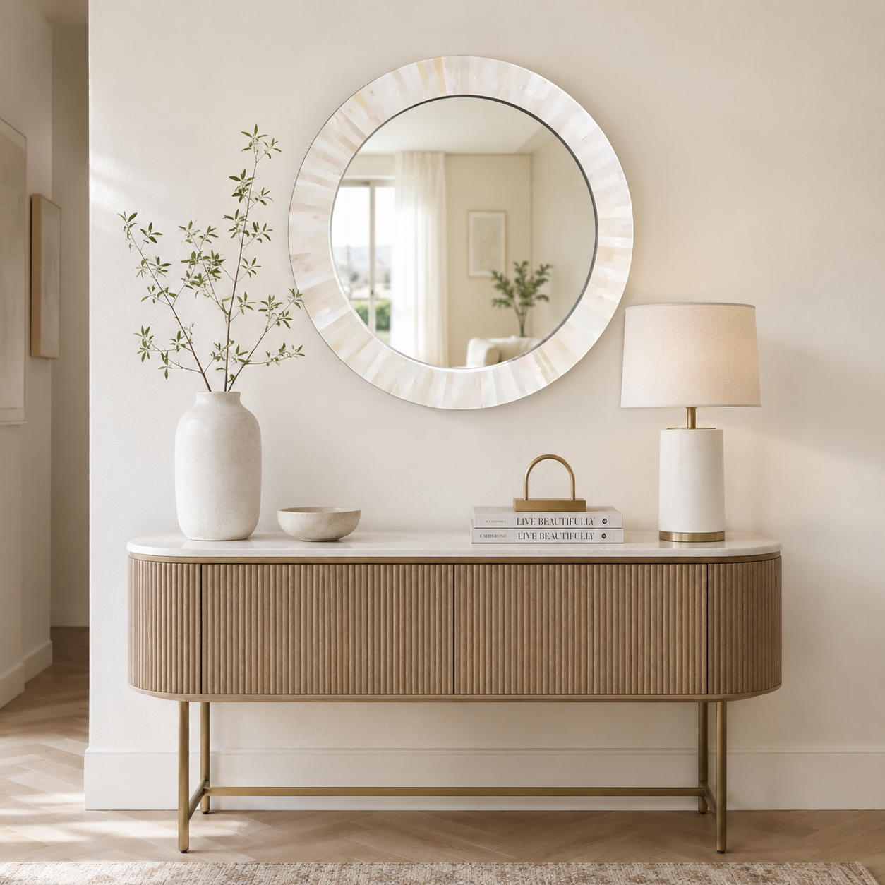 Handmade Bone Inlay Round Mirror Frame styled above a modern luxury console table in a contemporary living space