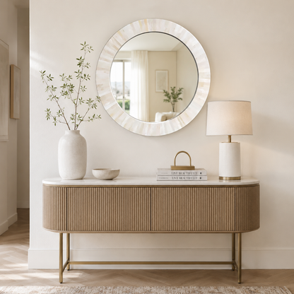 Handmade Bone Inlay Round Mirror Frame styled above a modern luxury console table in a contemporary living space
