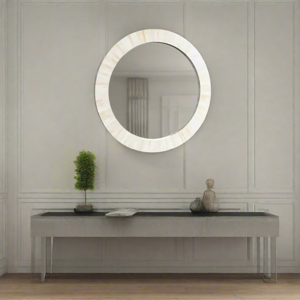 Luxury round bone inlay wall mirror with handcrafted white inlay design in a modern home interior.