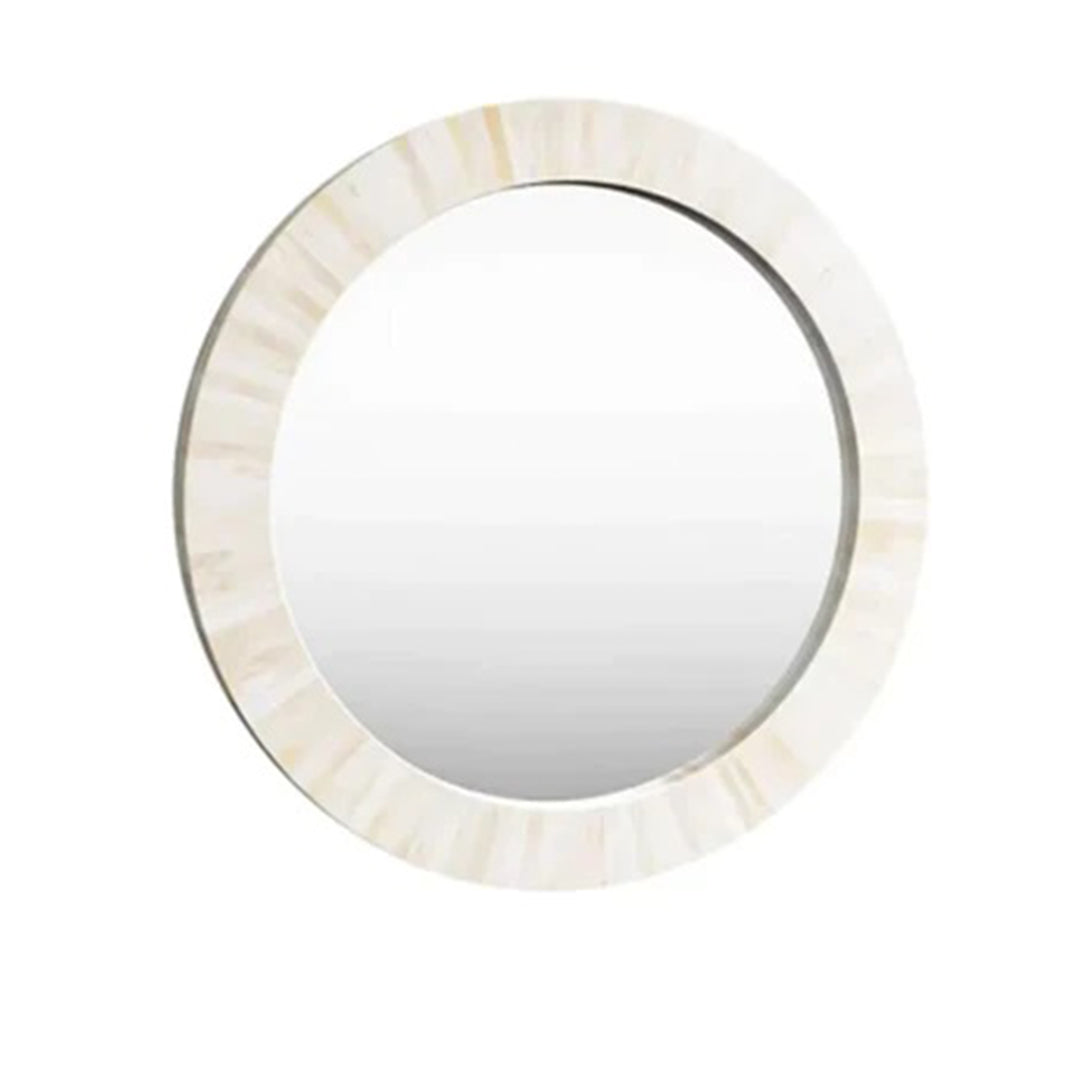Elegant handmade bone inlay round mirror frame displayed in a sophisticated entryway decor setting.