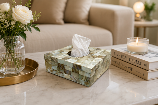 Mother of Pearl tissue box on coffee table
