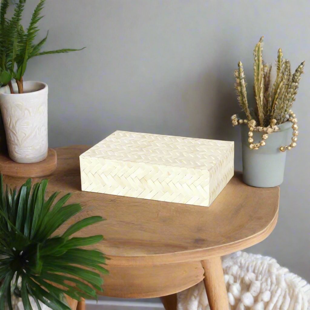 Handmade white bone inlay jewelry box with intricate artisan pattern