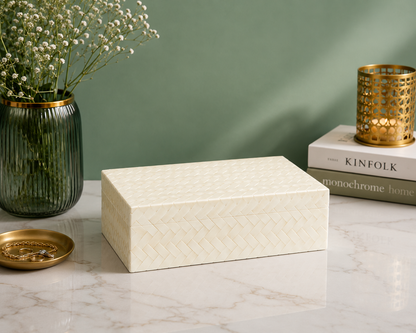 Luxury white bone inlay keepsake box styled in a contemporary home interior