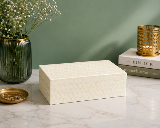 Luxury white bone inlay keepsake box styled in a contemporary home interior
