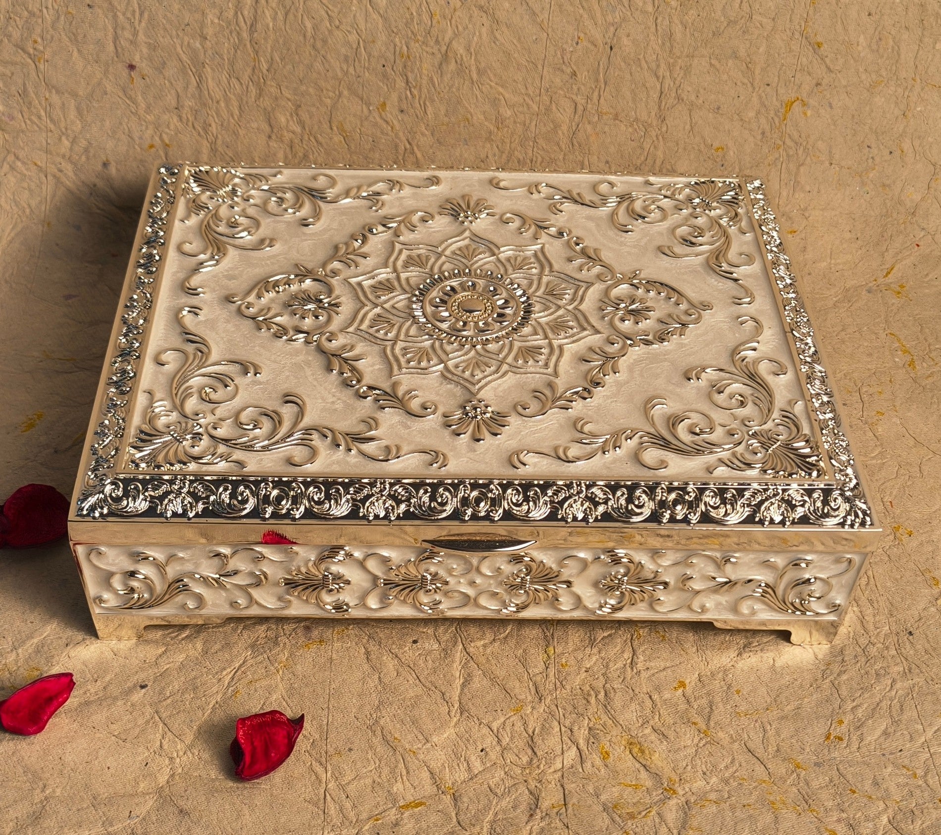 Luxury Decorative Dry Fruit Box with Embossed Floral Design and Silver Finish
