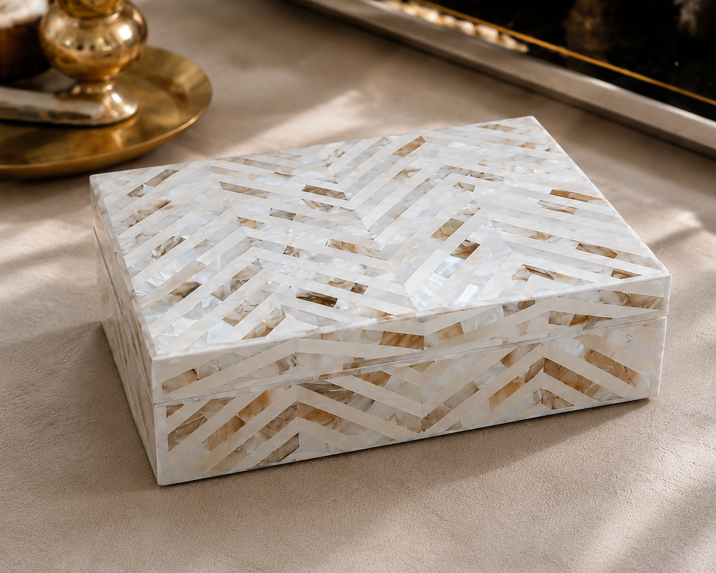 White Mother of Pearl Inlay Storage Box with Geometric Chevron Design