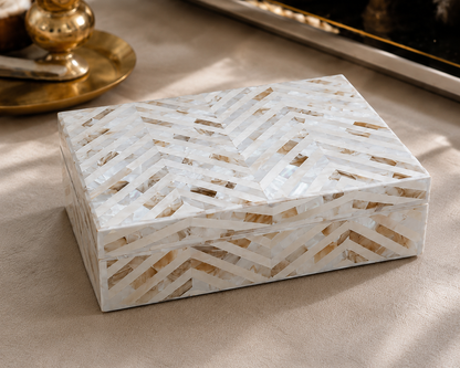 White Mother of Pearl Inlay Storage Box with Geometric Chevron Design