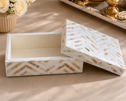 Luxury Mother of Pearl Keepsake Box Displayed with Books and Floral Decor