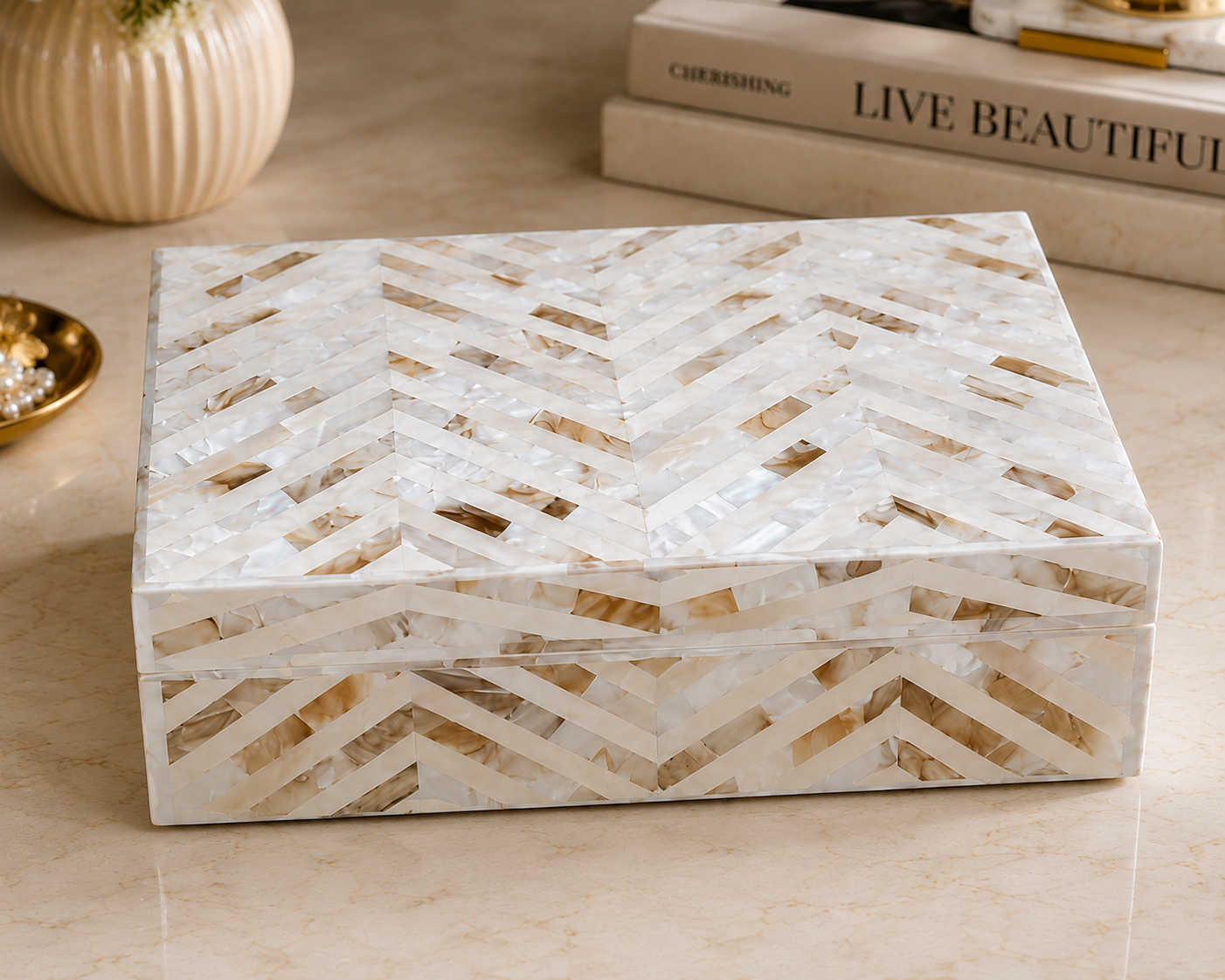 Handmade Chevron Mother of Pearl Decorative Box for Jewelry Storage