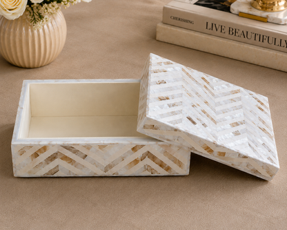 Elegant Mother of Pearl Inlay Box with Cream Chevron Pattern