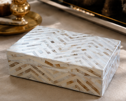 Rectangular Mother of Pearl Jewelry Box with Chevron Pattern and Decorative Styling