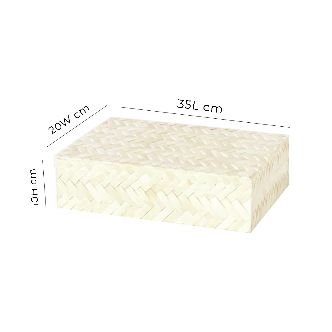 Artisan handcrafted white bone inlay storage box on a marble surface with decorative accessories