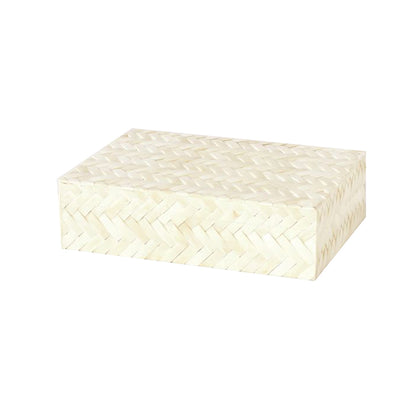 Modern lifestyle image of a white bone inlay jewelry box for vanity and home décor