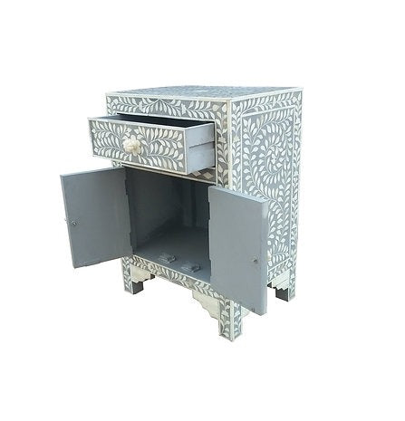 Handmade Floral Pattern Bone Inlay Bedside Table - Grey