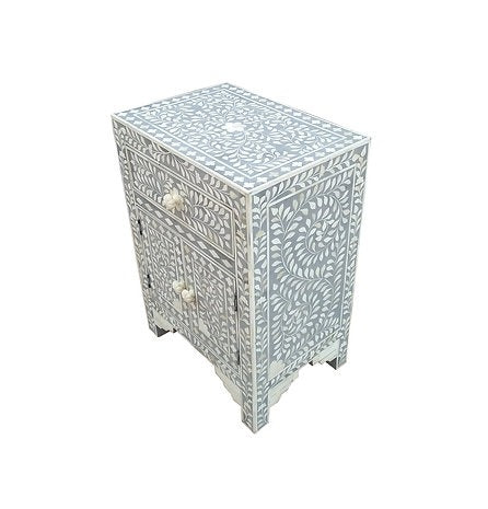 Handmade Floral Pattern Bone Inlay Bedside Table - Grey