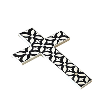 Handmade  Bone Inlay Floral Pattern Wall Cross (Black)