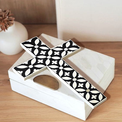 Handmade  Bone Inlay Floral Pattern Wall Cross (Black)