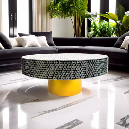 Luxury Mother of Pearl Inlay Round Coffee Table with Vintage Targua Pattern – Black.