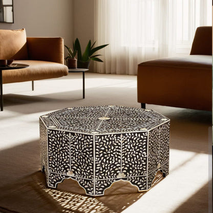 Luxury Handmade Bone Inlay Octagonal Coffee Table with Intricate Black Floral Design.