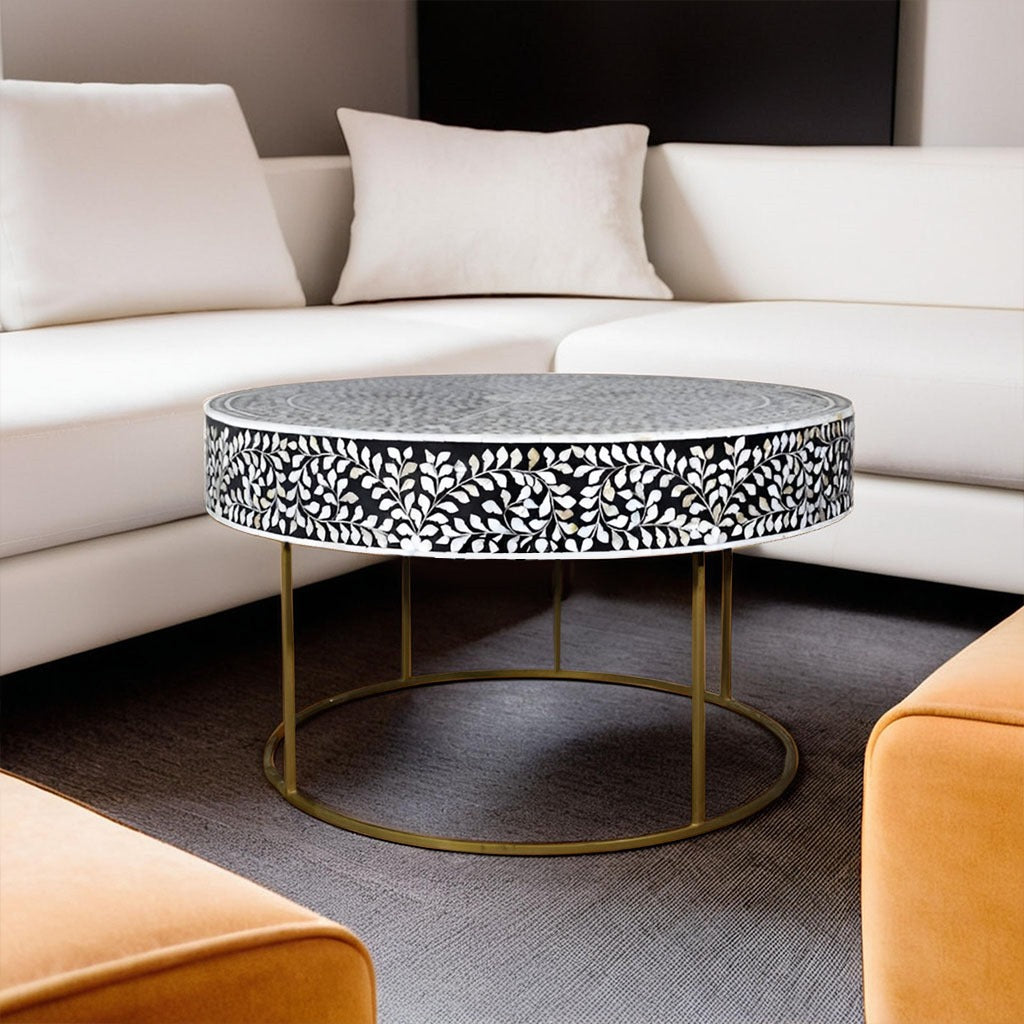 Luxury Handmade Black & White Mother of Pearl Inlay Round Coffee Table.