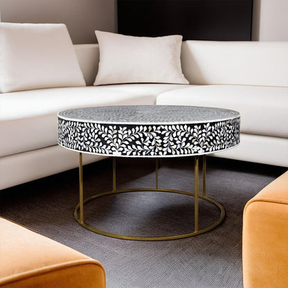 Luxury Handmade Black & White Mother of Pearl Inlay Round Coffee Table.