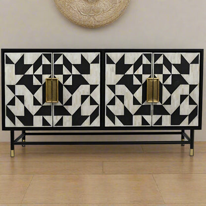 Beautifull Handmade Bone Inlay Geometric 4 Door Chest Of Drawers (Black)