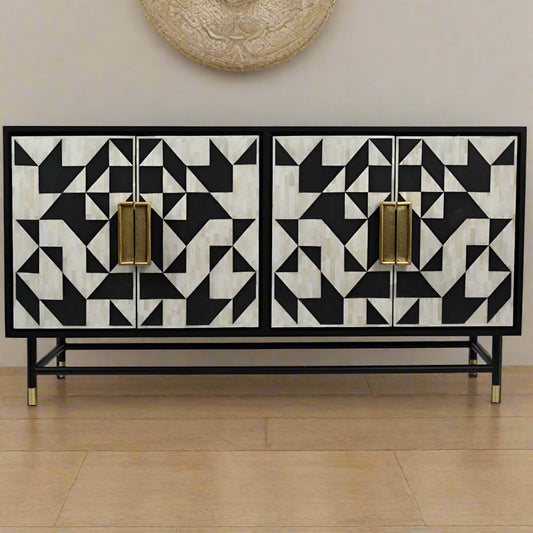 Beautifull Handmade Bone Inlay Geometric 4 Door Chest Of Drawers (Black)