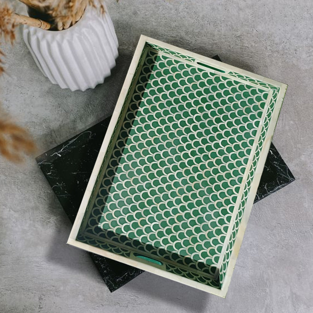 Bone Inlay Tray in  Fish Scale pattern  Tray Design - Green