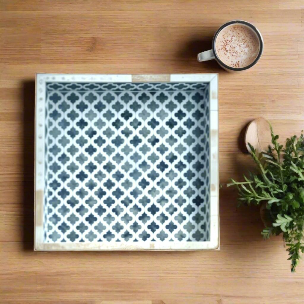 Bone Inlay Tray in  geometrical and floral  Design - Blue