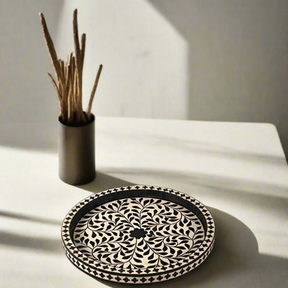 Luxury Black Bone Inlay Round Tray – Handmade Decorative Serving Tray.