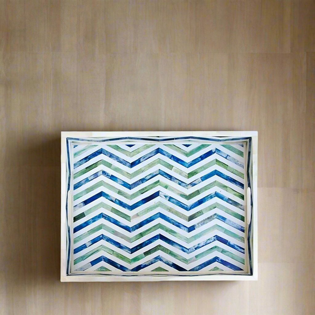 Bone Inlay Tray in Geometric Chevron Design - Blue and Green
