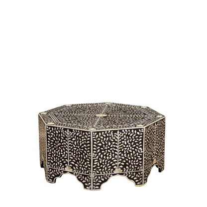 Luxury Handmade Bone Inlay Octagonal Coffee Table with Intricate Black Floral Design.